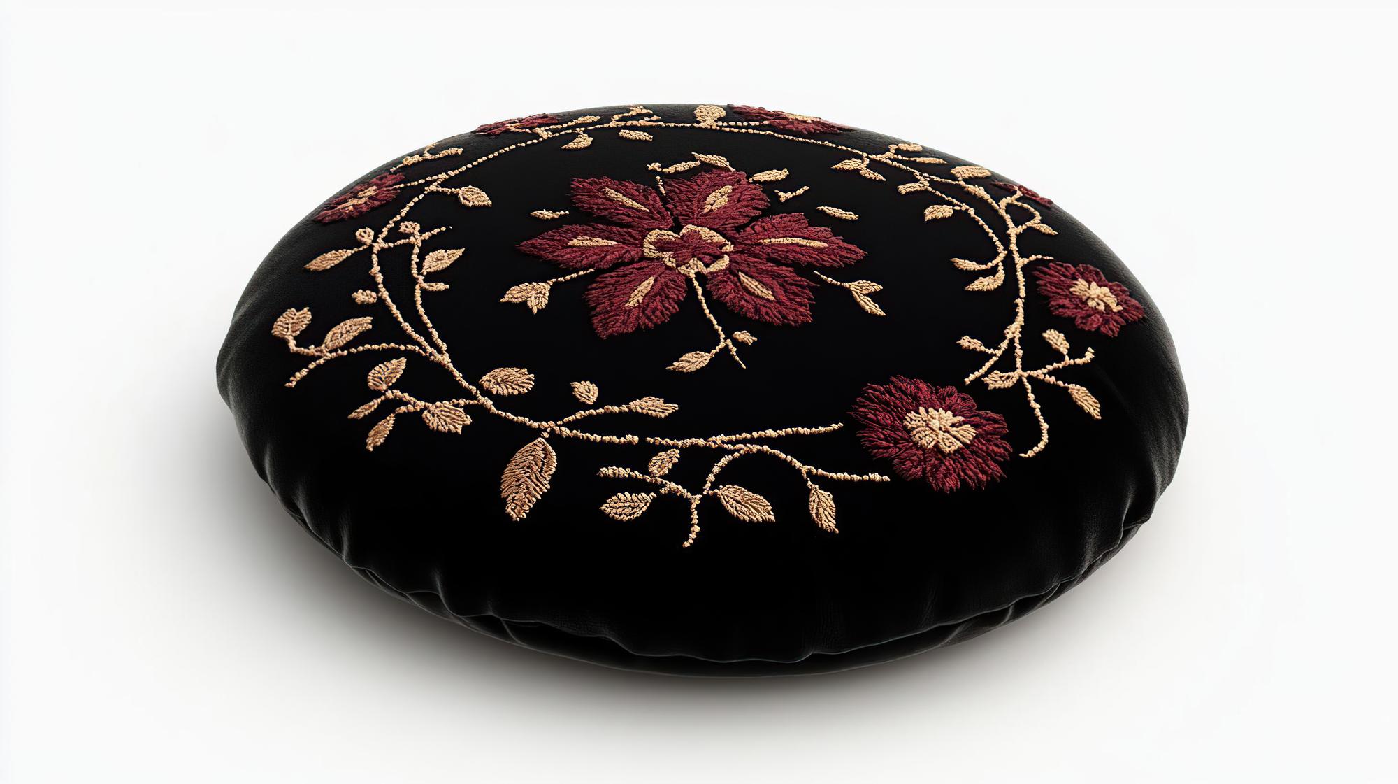 Decorative embroidered cushion with floral motif